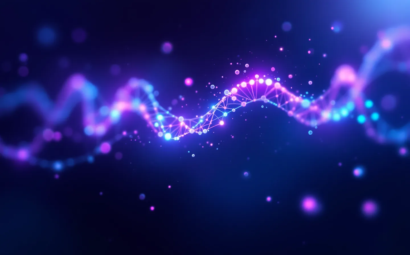 Abstract violet illustration of a five-residue peptide chain as glowing connected nodes